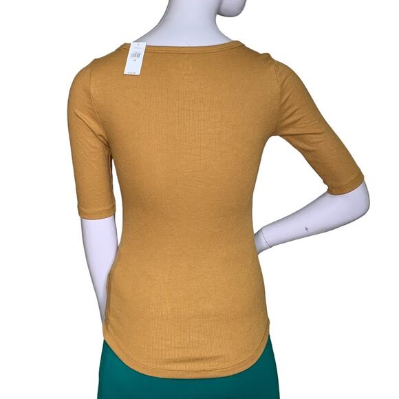 Gap NWT Ribbed Top Size XS 3/4 Sleeve Wide Round Neckline Mustard Yellow Fitted - Picture 5 of 10